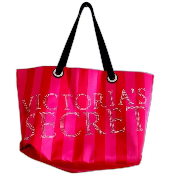 Victoria's Secret Handbags - Victoria’s Secret Studded Red Pink Striped Studded Weekender Beach Large ToteBag